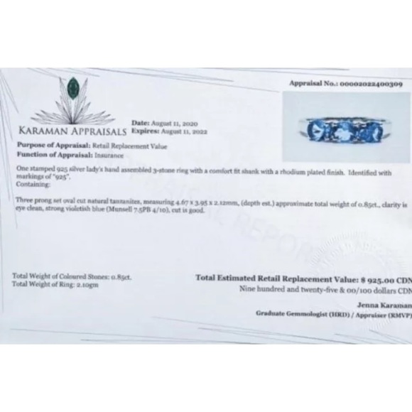 925 Silver Ring 3 Genuine Natural Tanzanites - .85cts Appraised $925.00 Size 7.5 - Picture 2 of 4